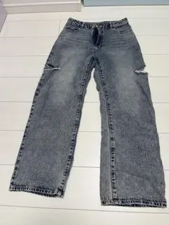 ダメージ加工 グレー ワイドレッグデニム　W67