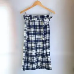 【美品】ベルト サスペンダー付 チェック柄 タイトスカート Lサイズ ミモレ丈