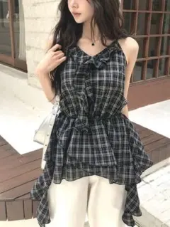 ブラック チェックフリルアシメミニワンピース y2kグランジ