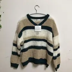 ニット セーター L ベージュ 緑白 ボーダー 秋冬 ボリューム Vネック 長袖