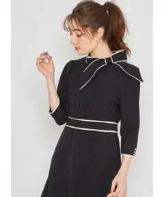 tocco closet★　ワンピース　ネックリボン　配色ライン　ブラック　清楚