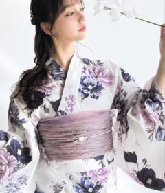 大人可愛い 芍薬柄 浴衣3点セット レース帯付き パープル グレー