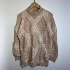 90s vintage ハイネック 総柄 ニット セーター ベージュ 古着