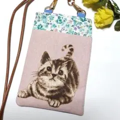❤️猫ちゃんピンクポケット付きスマホショルダーバッグ~小花×水色ハンドメイド