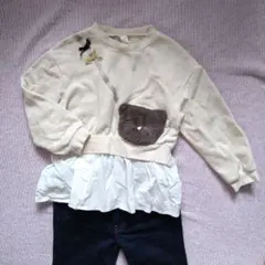 アプレレクール☆フリル付き猫ちゃんバッグ風クリーム色トレーナー110