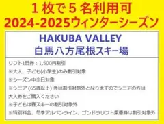 1枚で5名可白馬八方尾根スキー場 リフト券利用割引券1枚(6)