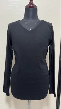 Vネック リブカットソー 長袖 ブラック M