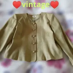 【vintage】ベージュ ノーカラージャケット 昭和レトロパールボタン❤XL