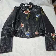 花柄刺繍 レザーライダースジャケット