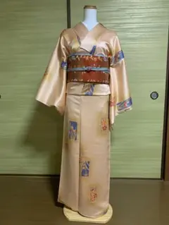 ★SALE★正絹着物 小紋 オレンジ 紅型風 美品 丈長め