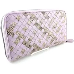 【美品】ボッテガヴェネタ レザー イントレチャート ラウンドファスナー 長財布