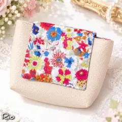 ハンドメイド アイボリー レザー 花柄 フラップポーチ 【No.468】