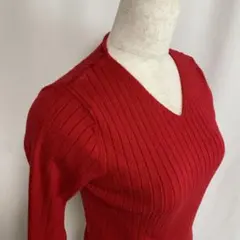 差し色◎ROSE BUD 赤 リブVネックニット
