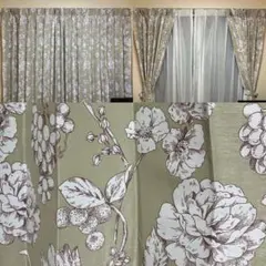 花柄 ドレープカーテン2倍ヒダ 巾1900 丈 2030 Aフック タッセル付