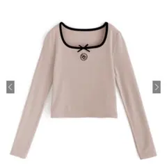 ロゴ刺繍配色リボンテレコリブトップス