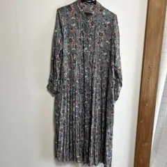 青系花柄長袖シャツワンピース