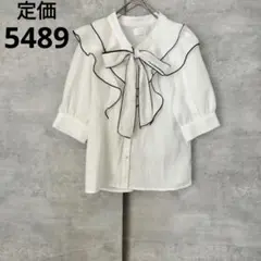 新品abc半袖ブラウス F 白フリルリボン ボウタイ黒バイカラー定価５４８９