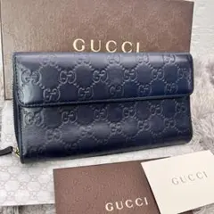 【極美品】グッチ 長財布 二つ折り シマ ドリアン GG レザー 紺 メンテ済 極美品】グッチ 長財布 二つ折り シマ ドリアン GG レザー 紺 メンテ済