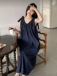 デニム風ノースリーブロングワンピース