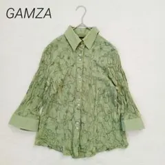 総柄ブラウス　L　緑　パンチングフラワー　刺繍　プリーツ加工　上品　レトロ　春夏のサムネイル