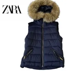 ZARA ネイビー ファー付きダウンベスト