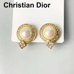 DIOR クリスチャンディオール パール イヤリング ゴールド ラインストーン