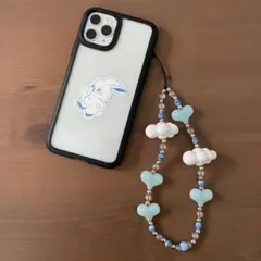 Ⓙビーズストラップ 韓国 キーホルダー スマホ ハート 雲 ブルーのサムネイル