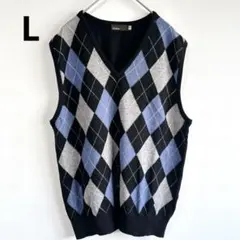 5324【美品】メンズL アーガイル柄vネックニットベスト　セーター　黒　秋冬