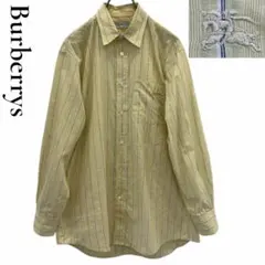 ​希少 ヴィンテージ バーバリーズ 綿 麻 ストライプシャツ M 刺繍 ロゴ