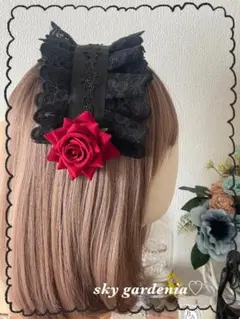 ♡ブラック 漆黒レースマットサテン 赤薔薇&赤リボン ロリータ卒業式 ゴスロリ♡