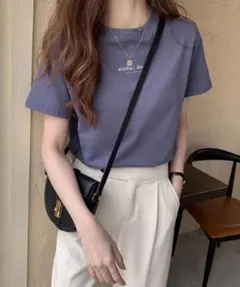 新品 Lace Ladies ロゴプリントクルーネック半袖Tシャツ ブルー 韓国のサムネイル