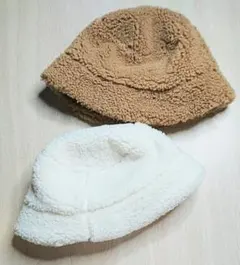 新品【エイチアンドエム】プードルボア素材★バケットハット2個セット★白茶 h&m