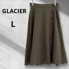 ◆グラシア　ひざ丈フレアスカート　カーキ　ボタン　ウエストゴム　Lサイズ