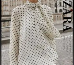 ZARA 完売品　リボン付きドットプリントブラウス Lサイズ
