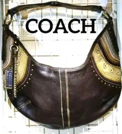 COACH ブラウン本革ショルダーバッグ パッチワーク スタッズ ボヘミアン系