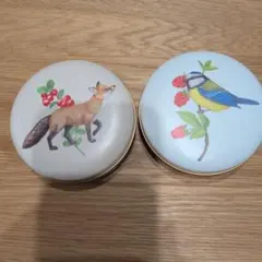 キツネと鳥のイラスト入り丸缶 2個セット