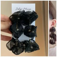 6669アンティークピアスイヤリングゴールド大ぶりフラワーシフォンお花ロング韓国