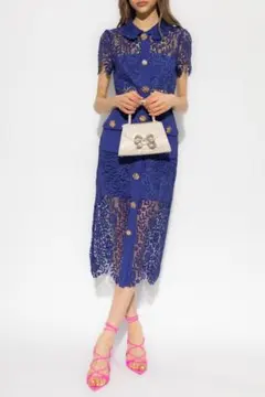 シ*を様 セルフポートレイト ワンピース ローズレース ボタン ブルー UK8