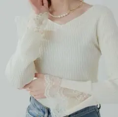 natural couture 前後2WAY袖口レースリブニット