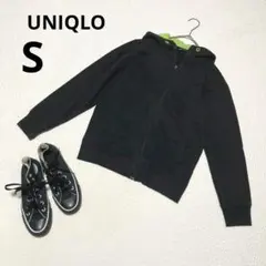 ユニクロ 黒 フルジップパーカー S 羽織り フード付き 綿 ポリエステル
