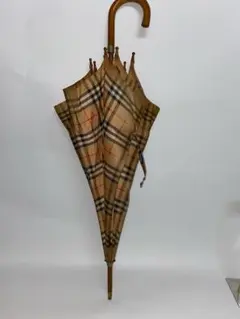 【美品】BURBERRY バーバリー 折りたたみ傘 木製ワンタッチ BURBERRY バーバリー 折りたたみ傘 ノバチェック ベージュ 雨傘