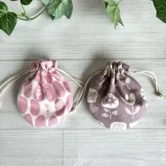 まんまるミニミニ巾着袋 2個セット　北欧風お花柄ピンク　ハンドメイド