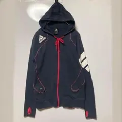 アディダス 古着 ロゴプリント ネイビー 紺色 ジップアップ パーカー