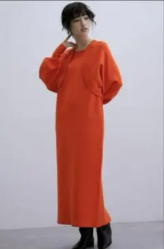 【アダムエロペ】オレンジ ニットワンピース バルーンスリーブ