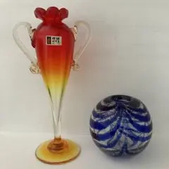 琉球ガラス 花瓶 フラワーベース 手づくり フリル 赤 オレンジ
