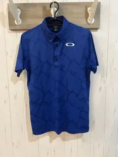 OAKLEY オークリー 総柄 半袖 ポロシャツ 幾何学ライン ブルー系 M
