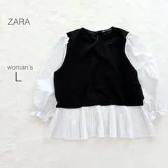 ZARA ザラ ドッキングカットソー シャツ 長袖 ゆったり【L】プリーツ 上品