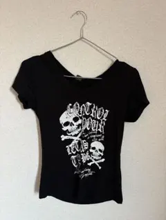 スカルプリント Vネック 半袖Tシャツ ブラック