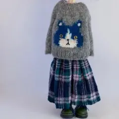 ブライスアウトフィット　ハチワレネコニットとスカートセット　グレーxチェック