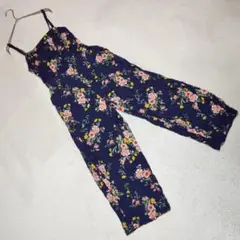 良品★OLD NAVY サロペット 薄手 レーヨン 花柄 バカンス ネイビーXS